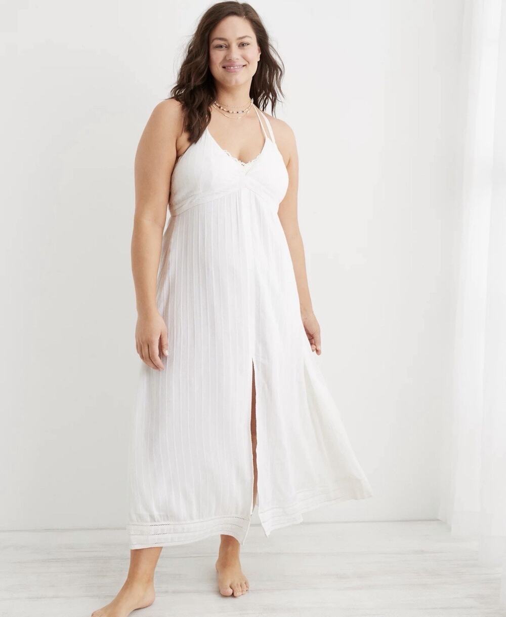 NWT Aerie Front Slit Maxi Dress Size S Beach White Flowy Bead Dress Womens